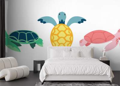 Set of sea turtles. Beautiful underwater inhabitants in flat style. Wall mural