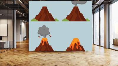 Vector set of volcanoes of varying degrees of eruption. Flat style illustration with isolated objects. Wall mural