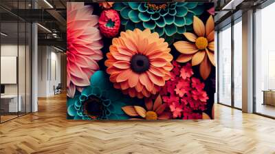 Beautiful colorful fantastic flowers on a black background as a bright floral pattern, generative AI Wall mural