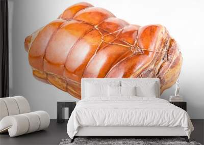 Juicy fresh bacon, meat pig, bacon, wild boar, in plastic packaging, in fabric thread, shish kebab, smoked, shiny, fat, interlayers, isolated on white background Wall mural