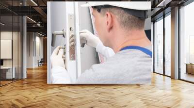 plumber, checks the correct operation, locking devices of the door lock, close-up Wall mural