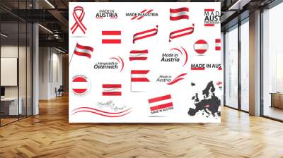 Big vector set of Austrian ribbons, symbols, icons and flags isolated on a white background. Made in Austria, premium quality, Austrian national colors. Set for your infographics and templates Wall mural