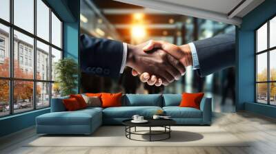 Close-up of the hands of two business people in suits shaking hands. Professional handshake with business partners. Partnership and collaboration Wall mural