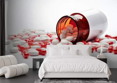 Red and white pills and tablets spilling out of a drug bottle isolated on white background. Close up at medicine capsules. Healthcare and medical 3D illustration Wall mural