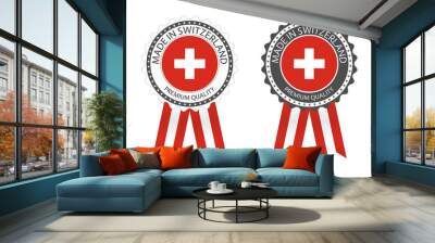 Two modern vector Made in Switzerland labels isolated on white background, simple stickers in Swiss colors, premium quality stamp design, flag of Switzerland Wall mural