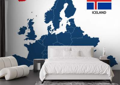 Vector illustration of a map of Europe with highlighted Iceland and Icelandic flag isolated on a white background Wall mural