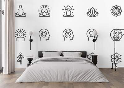 meditation practice and yoga vector line icons set. relaxation, inner peace, self-knowledge, inner c Wall mural