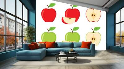 Apple fruit vector set in red and green colour. Set of apples and sliced apples isolated on white background. Whole, half, slice of red and green apple fruit with green leaves. Vector illustration Wall mural