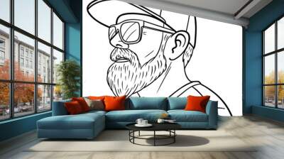 man with full beard and sunglasses from the side. surfer, outline, comic, monochrome. Wall mural