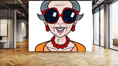 Vector drawing of an old woman with big sunglasses who laughs and shows her teeth. orange sweater, red chain and red earrings. gray hair, short hair, illustration, comic, funny. Wall mural