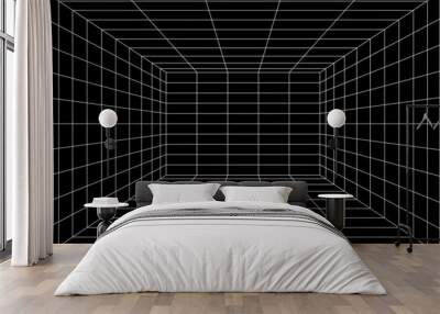 3D digital white grid of black room space with one point perspective. Empty geometric cyberspace studio background. Virtual three dimension scene. Easy guide architecture template Wall mural