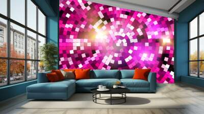 Glamorous pink disco ball radial pattern with mirror mosaic texture. Party bg with square sequins. Luxury disco club wallpaper. Vintage abstract vector illustration. Wall mural