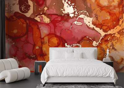 Red, gold and orange stone background with texture of marble. Alcohol ink oriental technique. Abstract vector art. Modern flow paint in natural colors with glitter. Design template for banner, poster. Wall mural