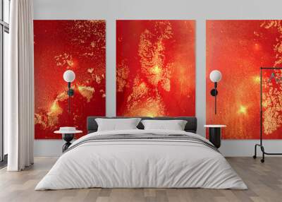 Set of marble patterns. Scarlet red and gold geode textures with glitter. Abstract vector background in alcohol ink technique. Modern paint with sparkles. Backdrops for banner, poster. Fluid art Wall mural