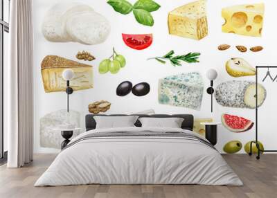 Watercolor cheese set with addings Wall mural