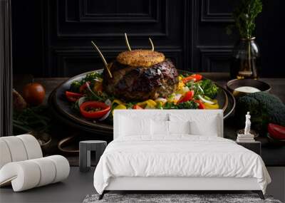 a bowl of food sitting on top of a wooden table Wall mural