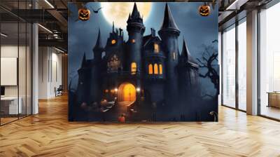 A castle at night with a full moon in the sky with natural View  Wall mural