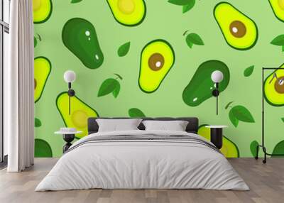 Avocado vector seamless pattern on green background. Realistic vector avocados. Whole and cut avocado Wall mural