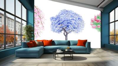 Watercolor blooming trees isolated on white background. Sakura tree with flowers. Paulownia, cercis, lagerstroemia trees.   Wall mural