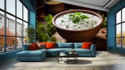 Bowl of Raita on the table,Closeup of ndian curd dish rayta  Wall mural