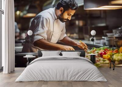 Chef preparing garnishing dish in hotel kitchen, culinary jobs and hotel management concept Wall mural