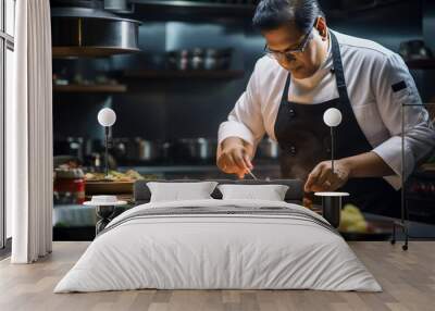 Executive chef preparing dish in kitchen, culinary and hotel management jobs Wall mural