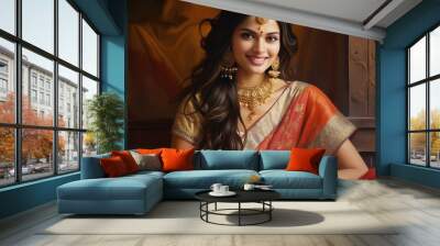 Portrait of beautiful indian woman smiling wearing ethnic jewellery and saree Wall mural