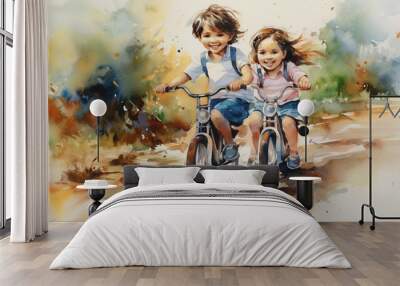 Water painting of brother and sister riding cycle. Painting of young siblings cycling in the park Wall mural