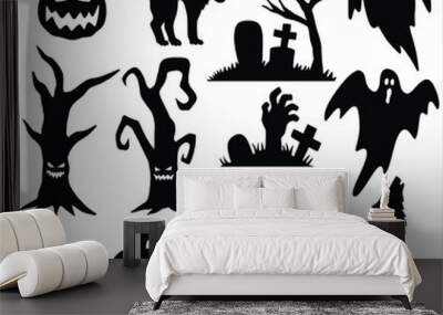 Halloween silhouette. Halloween silhouette collection. Halloween pumpkin, graveyard, bat, witch, ghost, zombie, tomb Wall mural