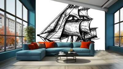 Sailing ship vector illustration. Hand drawn vintage sailing ship in engraving style. The Illustration a great suitable for sail application activities.  Sailing ship in the sea Wall mural