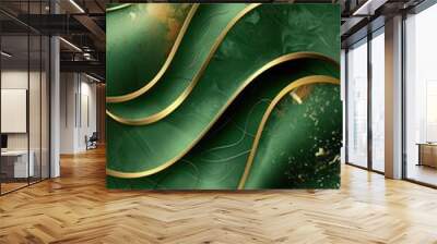 Smooth green wall with gold decorative swirls and gold glitter highlights. Wall mural