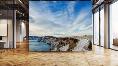 View above big beautiful lake and mountain in winter, Baikal lake, Russia Wall mural