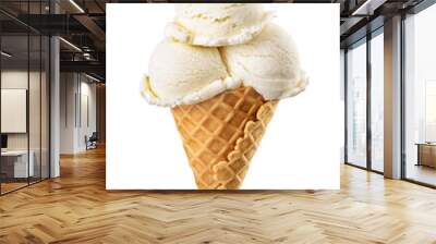 Three vanilla ice cream scoops served on a waffle cone isolated. Transparent PNG image. Wall mural