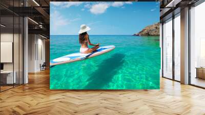 A beautiful young woman relaxes on a SUP board in the sea near the island. Standup paddleboarding on Hawaii. Wall mural