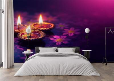 Festival of Lights  Happy Diwali festival with oil lamp, Rangoli decoration with Diya, Diwali holiday Background vibrant purple background Wall mural