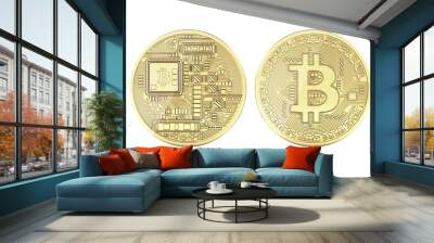 Bitcoin 3D isometric Physical bit coin in gold Digital currency Cryptocurrency Golden coins with symbol isolated on white background 3d render illustration without shadow Wall mural