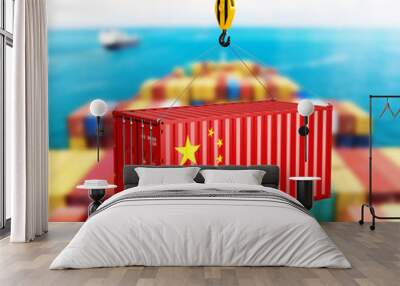 Cargo shipping container with the Chinese flag Сoncept of delivery from China on storage area background 3d Wall mural