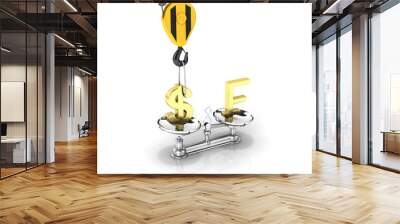 Concept of exchange rate support dollar vs franc The crane pulls the dollar up and lowers the franc on white background 3d Wall mural