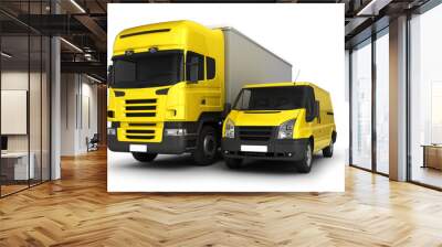 Yellow delivery van and truck on a white background.3D illustrat Wall mural