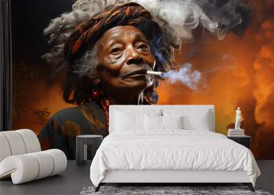 Old African American woman smoking a cigar releasing thick clouds of smoke Wall mural