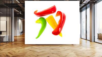 Sliced tricolor pepper with chopsticks, on a white background Wall mural