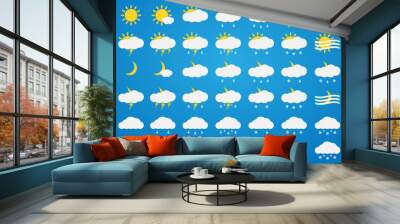 Vector weather icons set on blue background. Sun, clouds, rain, snow, fog, thunder, rainfall and snowfall icons isolated. Day and night weather icons. Wall mural