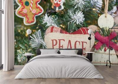 Merry Christmas and Happy New Year. Christmas tree. Heart with inscription peace Wall mural