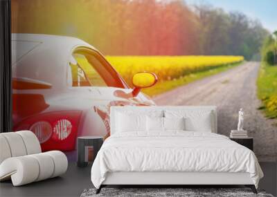 Stylish sports car on a rural road. Beautiful landscape, rape field, sunny day Wall mural