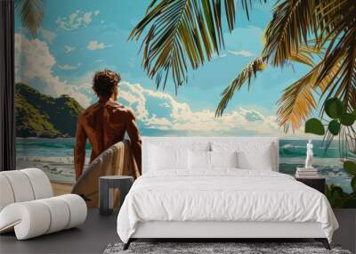 A tanned man with a surfboard under palm trees on the ocean shore. Wall mural