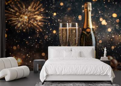 Celebratory Champagne with Sparkling Fireworks and Golden Christmas Decorations Wall mural