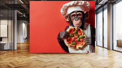 Chimpanzee Chef Holding Delicious Pizza Against Red Background Wall mural