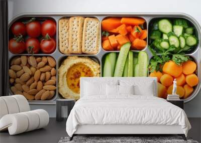 Colorful Healthy Snack Box with Fresh Vegetables, Hummus, Almonds, and Crackers Wall mural