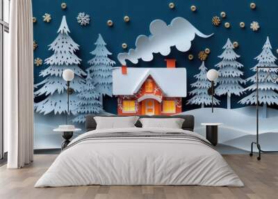 Cozy Winter Cabin in Snowy Forest with Falling Snowflakes and Pine Trees Wall mural