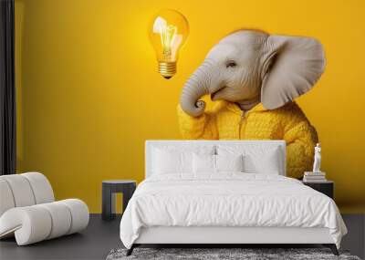 Cute Baby Elephant in Yellow Jacket with Light Bulb on Vibrant Background Wall mural